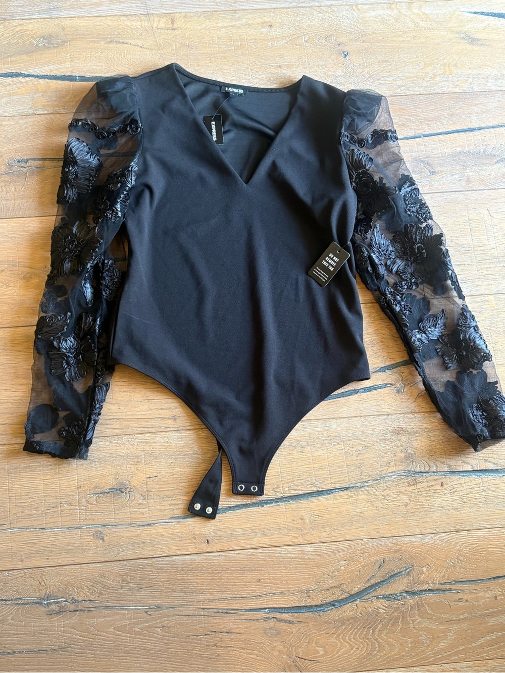 Express Black V-Neck Bodysuit with Sheer Floral Appliqué Sleeves